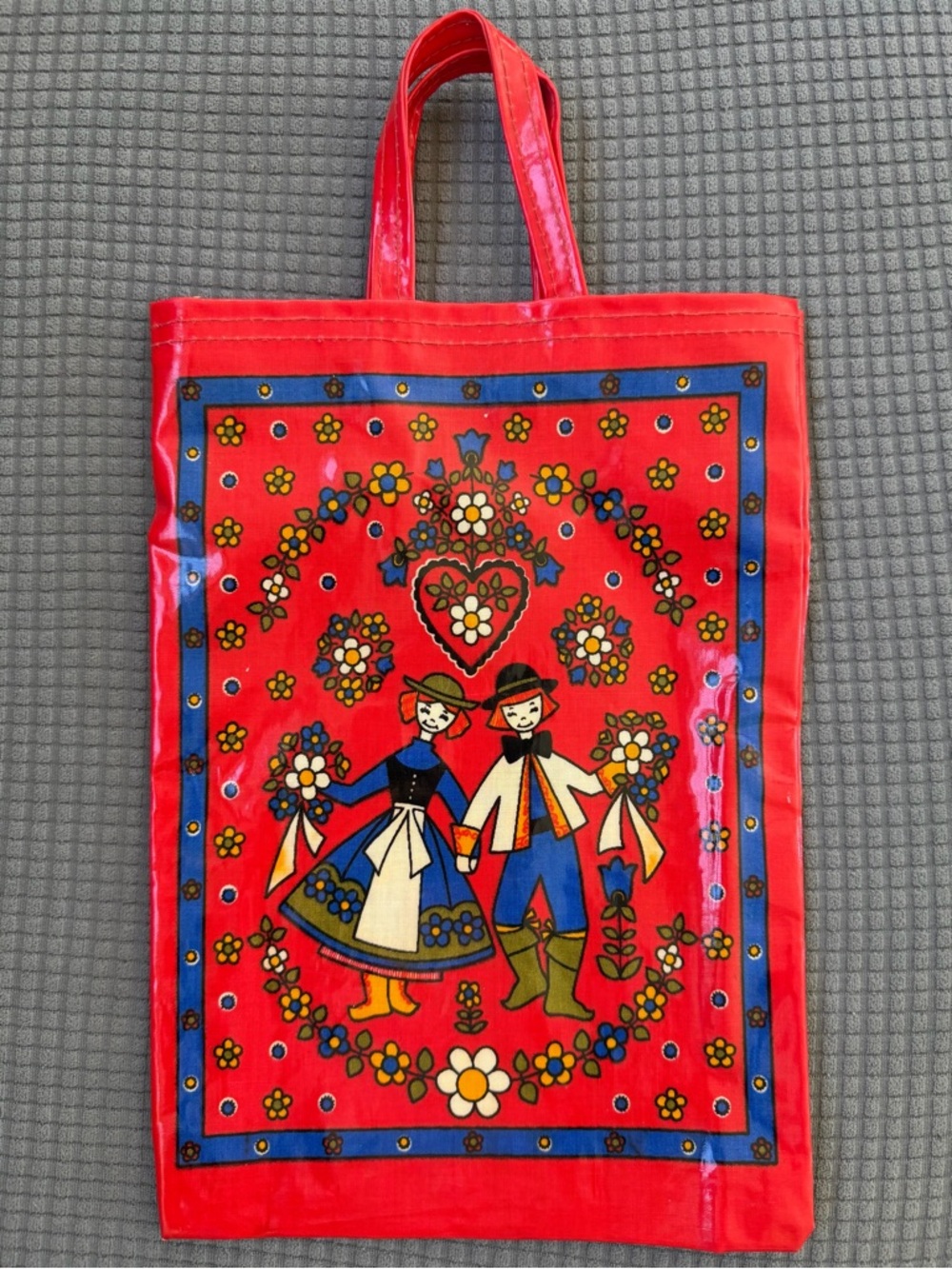 Vintage 70s Ulster Vinyl Tote Bag Scandinavian Floral Folk Art
